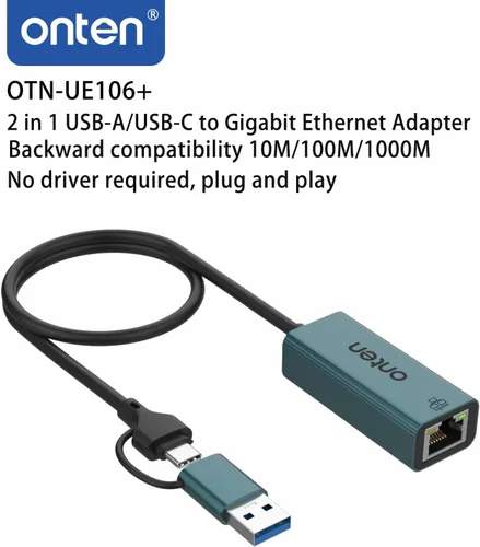 Vista 2 de Onten Adaptador USB-A y USB-C a Ethernet, RJ45 a USB C o USB A, adaptador de red LAN Gigabit Ethernet para Windows, Mac OS, iOS y más