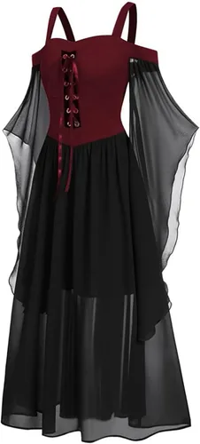 Vista 2 de Sywiyi Disfraz medieval renacentista para mujer, manga larga, hombros descubiertos, steampunk, gótico, victoriano, vestido corsé