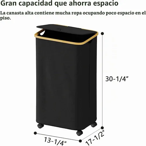 Vista 5 de SUOCO Cesta de lavandería con ruedas 100L, canasta de ropa con tapa y asas de bambú, cesta plegable para la ropa sucia para dormitorio, baño, Negro
