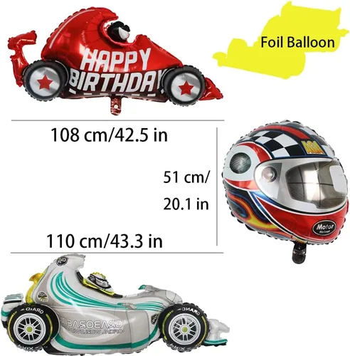 Vista 3 de Suministros para fiestas de carreras, decoraciones de fiesta de cumpleaños para niños, contiene una pancarta de carreras, 6 globos de aluminio, 4