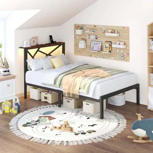 Vista 6 de DynJest Marco de cama de metal tamaño individual con luces LED, cabecera con almacenamiento y estación de carga, moderna cama de plataforma