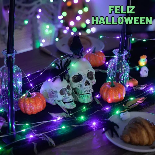 Vista 2 de JMEXSUSS 4 unidades de luces de hadas LED de 50 luces en púrpura y verde, luces de cadena de hadas operadas con batería, luces de 16 pies