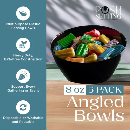 Vista 2 de Posh Setting Cuencos desechables de plástico negro, cuencos en ángulo, cuenco para dulces en ángulo, aperitivos de plástico y cuencos para papas
