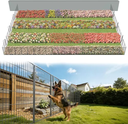 Vista 61 de FXW Valla de jardín al aire libre para el patio, 17 pulgadas de alto x 29.3 pies de largo, barrera de metal resistente para animales, para perros