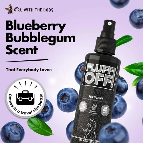 Vista 3 de Girl With The Dogs FLUFF OFF - Aroma para mascotas (Blueberry Bubblegum) 8 onzas, para gatos y perros, fabricado en Estados Unidos