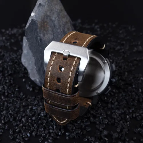 Vista 4 de Correa de reloj de pulsera de cuero genuino marrón oscuro de 0.945 in para hombres con hebilla de acero inoxidable