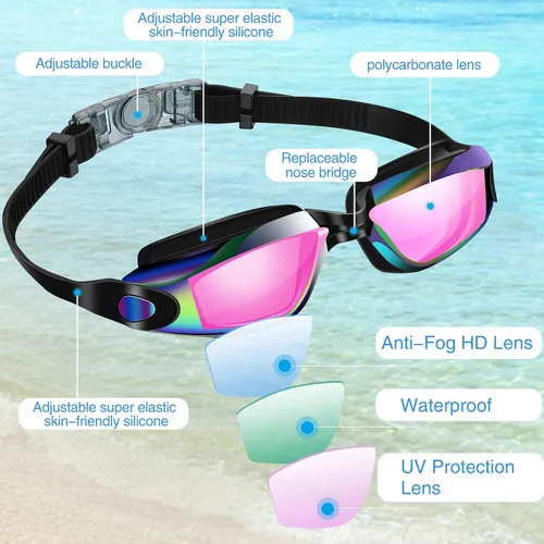 Vista 3 de Fabbay 8 gafas de natación sin fugas para niños y adultos, protección UV, gafas de natación impermeables con clip para la nariz