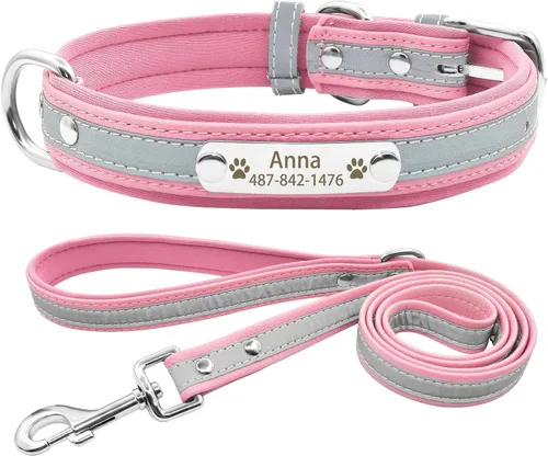 Vista 12 de Collares reflectantes personalizados para perros con acolchado de neopreno, collar de perro grabado personalizado con placa de nombre para perros