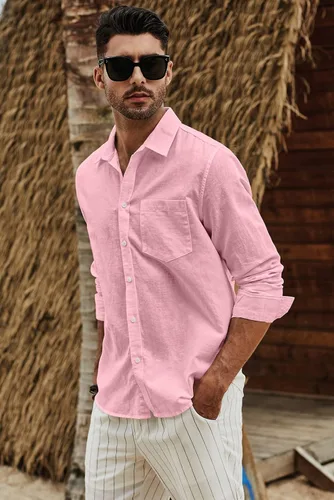 Vista 5 de JMIERR Camisa casual de algodón y lino con botones para hombre