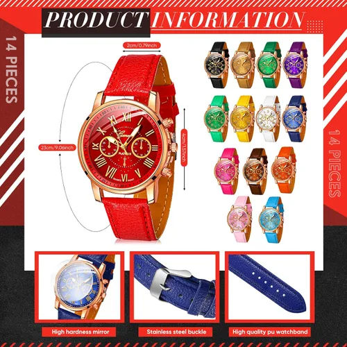 Vista 2 de Yinkin Juego de 14 relojes de cuarzo unisex de platino surtidos para mujeres, hombres y damas, números romanos, relojes de pulsera de piel sintética