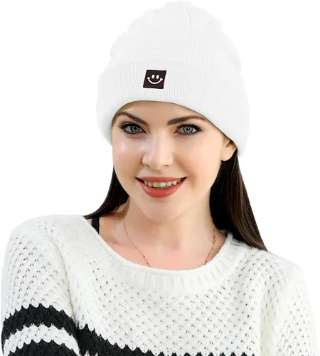 Vista 5 de MaxNova Gorro para mujer y hombre, diseño de cara sonriente, gorro de invierno, 2 paquetes