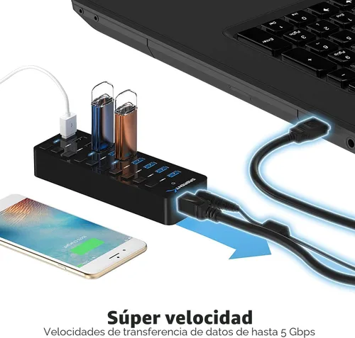 Vista 5 de SABRENT Hub USB 3.0 alimentado de 10 puertos, 3 puertos de carga, 60 W