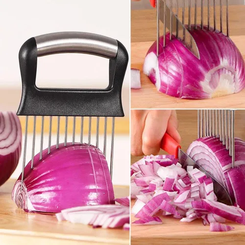 Vista 5 de Soporte de Cebolla para Cortar, Nuevo Soporte de Cebolla de Acero Inoxidable 2025, Cortador de Limón, Tomate y Cebolla, Herramienta de Cocina