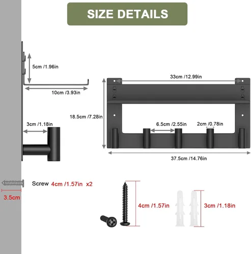 Vista 5 de VAEHOLD Perchero de pared con ganchos de pared con ganchos de pared superior e inferior doble estante de entrada con 5 ganchos de acero inoxidable