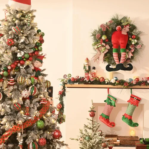 Vista 2 de Valery Madelyn Guirnalda de Navidad preiluminada de 9 pies con luces para manto, guirnalda de Navidad iluminada al aire libre con bolas y lazos