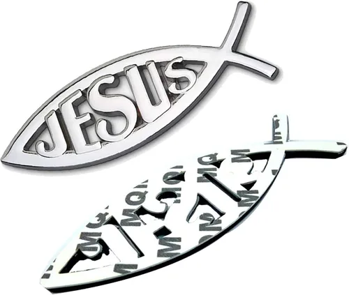 Vista 4 de MEETCUTE 2 calcomanías de pez Jesús plateadas, 3D cromadas para coche, calcomanía para emblema religioso de Dios para Jesús, símbolo de pez cristiano
