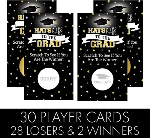 Vista 3 de DISTINCTIVS Juego de raspar de graduación negro y dorado - 30 cartas - 2 cartas ganadoras - Juego de fiesta de graduación de clase 2026 - Casa
