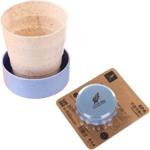 Vista 10 de Taza de camping plegable con tapa, plegable telescópica de trigo con paja, taza de agua plegable sin BPA para viajes al aire libre, color beige