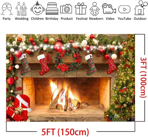 Vista 5 de Mocsicka Telón de fondo de chimenea de 5 x 3 pies, decoración de fiesta familiar, decoración de fotos de fotos, calcetines de Navidad, árboles
