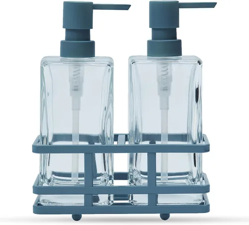 Vista 8 de Juego de dispensador de loción y jabón de vidrio cuadrado transparente con bomba y soporte de metal para baño, cocina, hogar, oficina, viaje, hotel