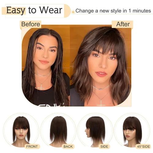 Vista 5 de SEGO Toppers para el cabello para mujer, cabello humano real con flequillo, 2.8 x 5.1 in, base de seda, 100% cabello humano Remy, clip en la parte