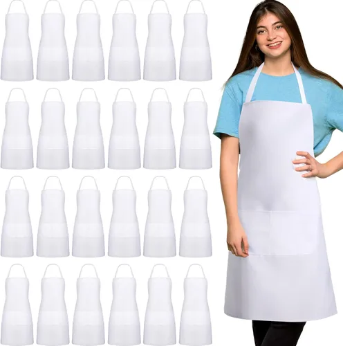 Vista 10 de Tarpop Paquete de 24 delantales con babero unisex, delantal comercial, delantal resistente para cocina, barbacoa, manualidades, para mujeres, Negro
