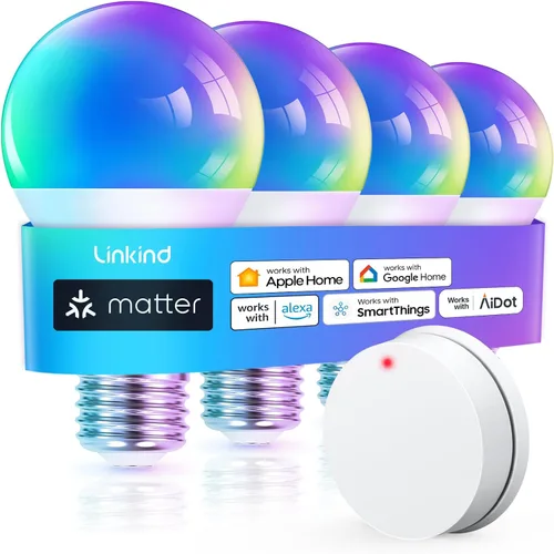Vista 11 de Linkind Matter - Bombilla inteligente que funciona con Alexa/Apple Home/Google Home, bombillas que cambian de color, sincronización de música