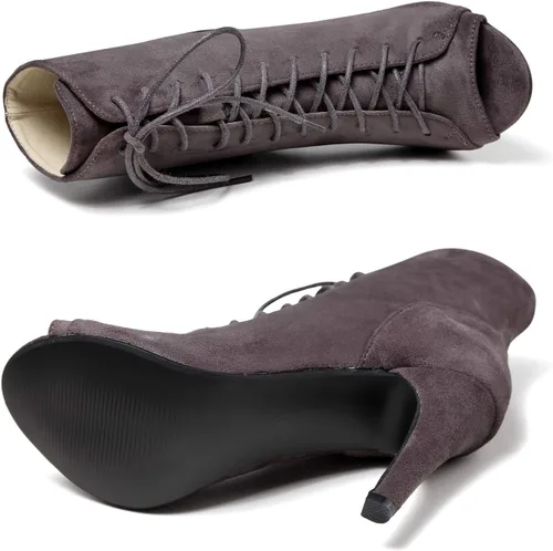 Vista 4 de GATUXUS Botas de tacón alto con cordones y puntera abierta para mujer, botines de tacón alto