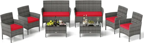 Vista 27 de RELAX4LIFE Juego de muebles de patio de 4 piezas – Juego de muebles de ratán para conversación al aire libre con cojines, mesa de centro de cristal