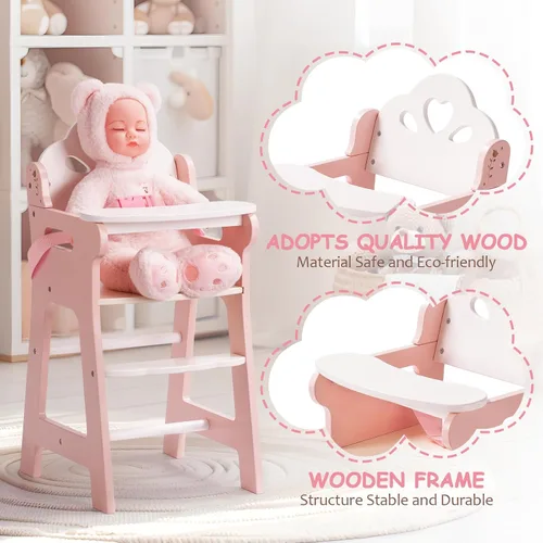 Vista 8 de ROBUD Silla alta de muñeca de bebé, silla alta de juego de simulación con cinturón de seguridad, accesorios de muñeca de madera rosa con mesa móvil