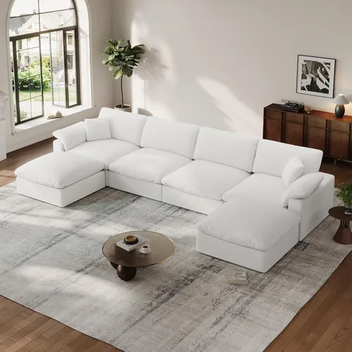 Vista 17 de Sofá modular Cloud para sala de estar, sofás de mezcla de lino en forma de L, modernos sofás de nube de asiento profundo, sofás seccionales Beige