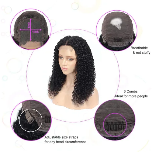 Vista 5 de Pelucas de cabello humano rizado estilo Bob de Forevermore, cierre 4x4 para mujeres, sin pegamento, 18 pulgadas, onda de agua, encaje frontal húmedo