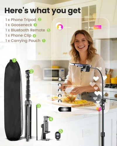 Vista 15 de CAMBOFOTO - Trípode de 82 pulgadas de alto para iPhone con cuello de cisne y control remoto, soporte