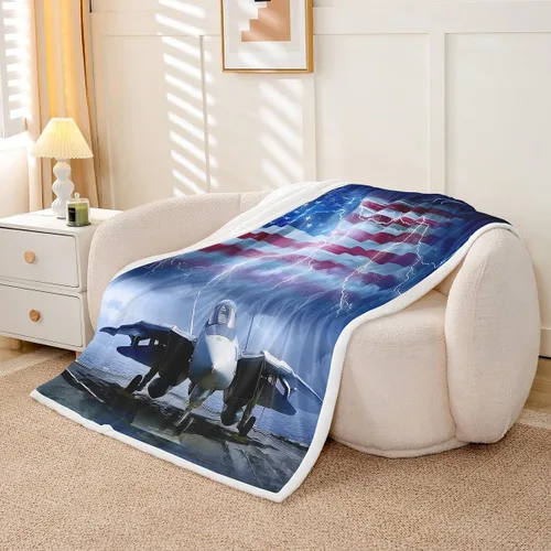 Vista 2 de Homewish Manta de avión 3D, mantas de bandera estadounidense para niños y adolescentes, manta de vellón con relámpagos brillantes y modernos, manta