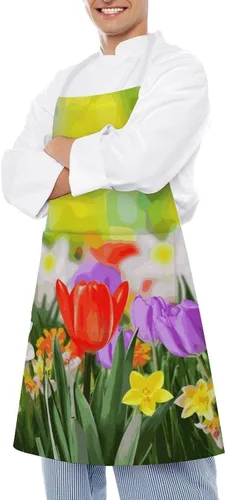 Vista 4 de MUSM Spring Flowers Apron，Classic Vintage Funny with Pockets Aprons,Adjustable Bib Waterdrop Resistant for Kitchen Cooking Restaurant BBQ Painting