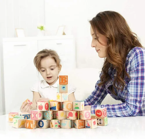Vista 6 de Bloques de construcción de juguete ABC de madera para niños pequeños de 1 a 3 años, 36 bloques de números del alfabeto de madera para apilar
