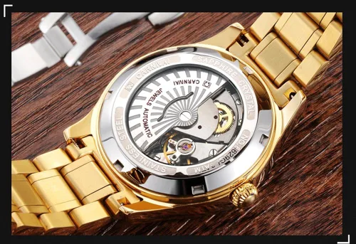 Vista 6 de CARNIVAL Mens Dial Automatic Full Gold Stainless Steel Sapphire Glass Waterproof Men Black Watch
