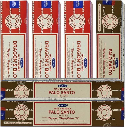 Vista 5 de Varillas de incienso de Sangre de Dragón y Palo Santo con soporte, paquete de variedad de la marca House of Nag Champa y Trumiri