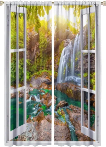 Vista 53 de Cortinas de paisaje, ventana tropical con vista al mar, océano, playa, barco, cortinas con estampado de palmeras para dormitorio, sala de estar, Mar