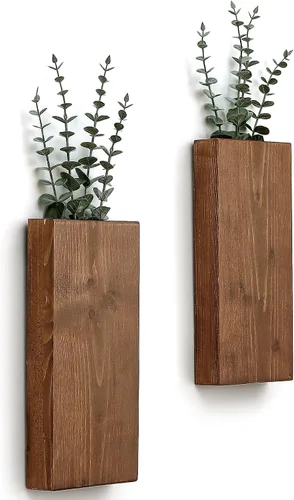 Vista 9 de GRID FORTE Juego de 2 macetas de pared de madera de nogal oscuro, bolsillo de pared para vegetación y flores secas, decoración de pared de granja