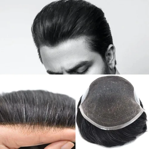 Vista 22 de Toupee para hombres sistemas de reemplazo de piel sintética con encaje suizo para hombre, nudos blanqueados, línea capilar natural para hombres