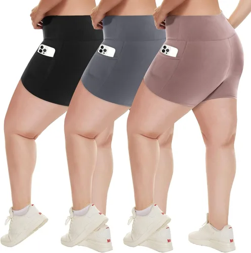 Vista 14 de HLTPRO 3 Pack Plus Size Biker Shorts for Women, Pocket & No-Pocket Options Negro/Beige Rosa/ Gris