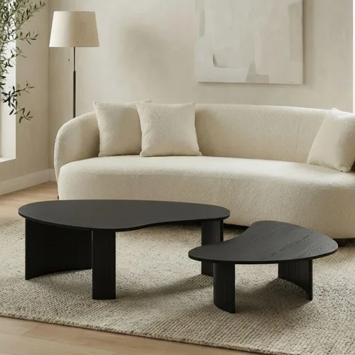 Vista 9 de Hyfirm - Mesa de café moderna de madera negra de 47.25 pulgadas para la sala de estar, mesa central resistente con tapa irregular de mango y patas