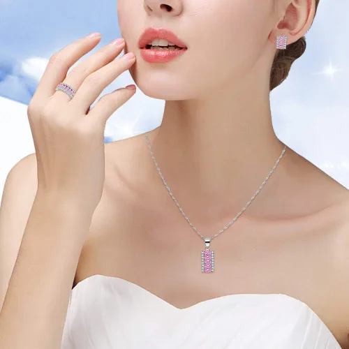Vista 2 de Uloveido Platino plateado ovalado corte cúbico zirconia 7 piedras collar pendientes y anillo media luna fiesta joyería conjunto T502