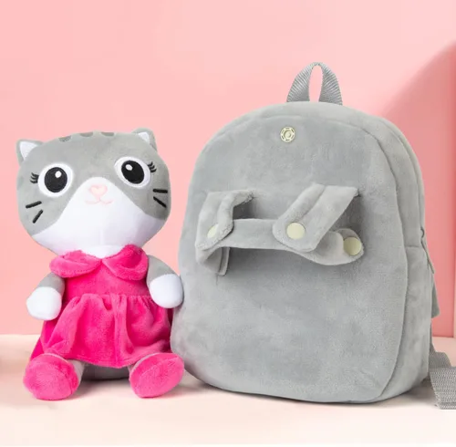 Vista 2 de HONGTEYA Mochila de felpa suave para niños pequeños, Gris, Muñeca de gato