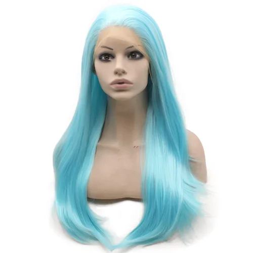 Vista 3 de mxangel largas Straight Azul Claro Sintético Lace Frente Peluca resistente al calor