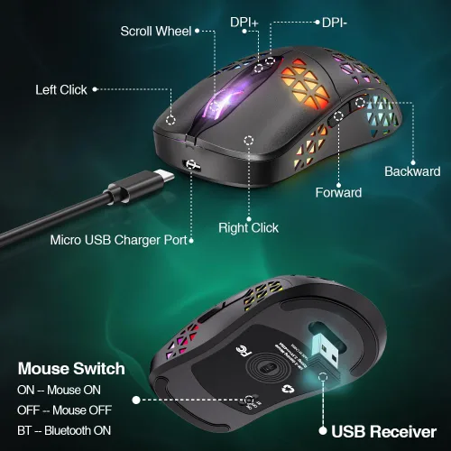 Vista 6 de WolfLawS KM-3 - Mouse inalámbrico para juegos, mouse inalámbrico RGB recargable con 7 botones programados, 4 niveles de DPI, 60 horas de juego