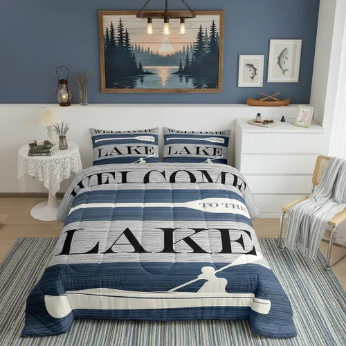 Vista 27 de Lake House - Juego de edredón tamaño individual, juego de ropa de cama rústica de granja vieja de 2 piezas para niños, adolescentes y adultos