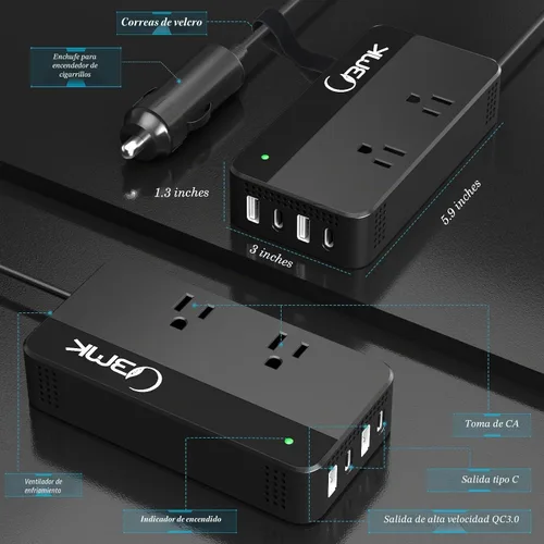 Vista 2 de BMK Inversor de corriente para auto, 200 vatios, corriente continua, 12 a 110 voltios corriente alterna, 4 puertos USB, adaptador de cargador