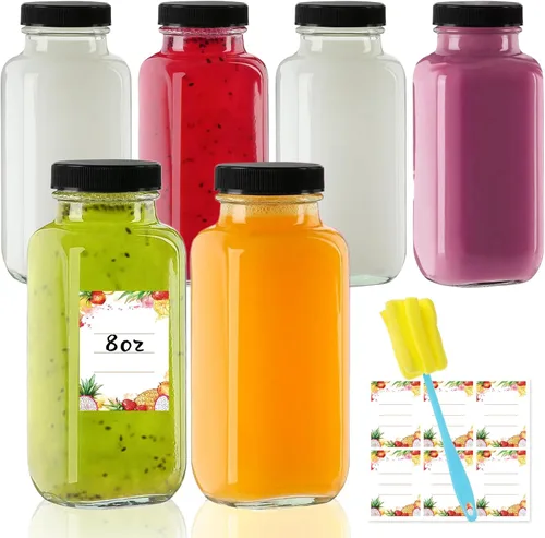 Vista 9 de Botellas de jugo de vidrio de 8 onzas con tapas, paquete de 3 - Frascos reutilizables pequeños para jugos verdes, shots y batidos